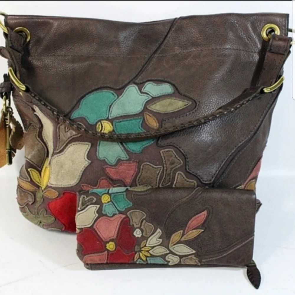 RARE Fossil Floral Hobo Bag & Wallet Genuine Leather Purse with Key Fob Charm